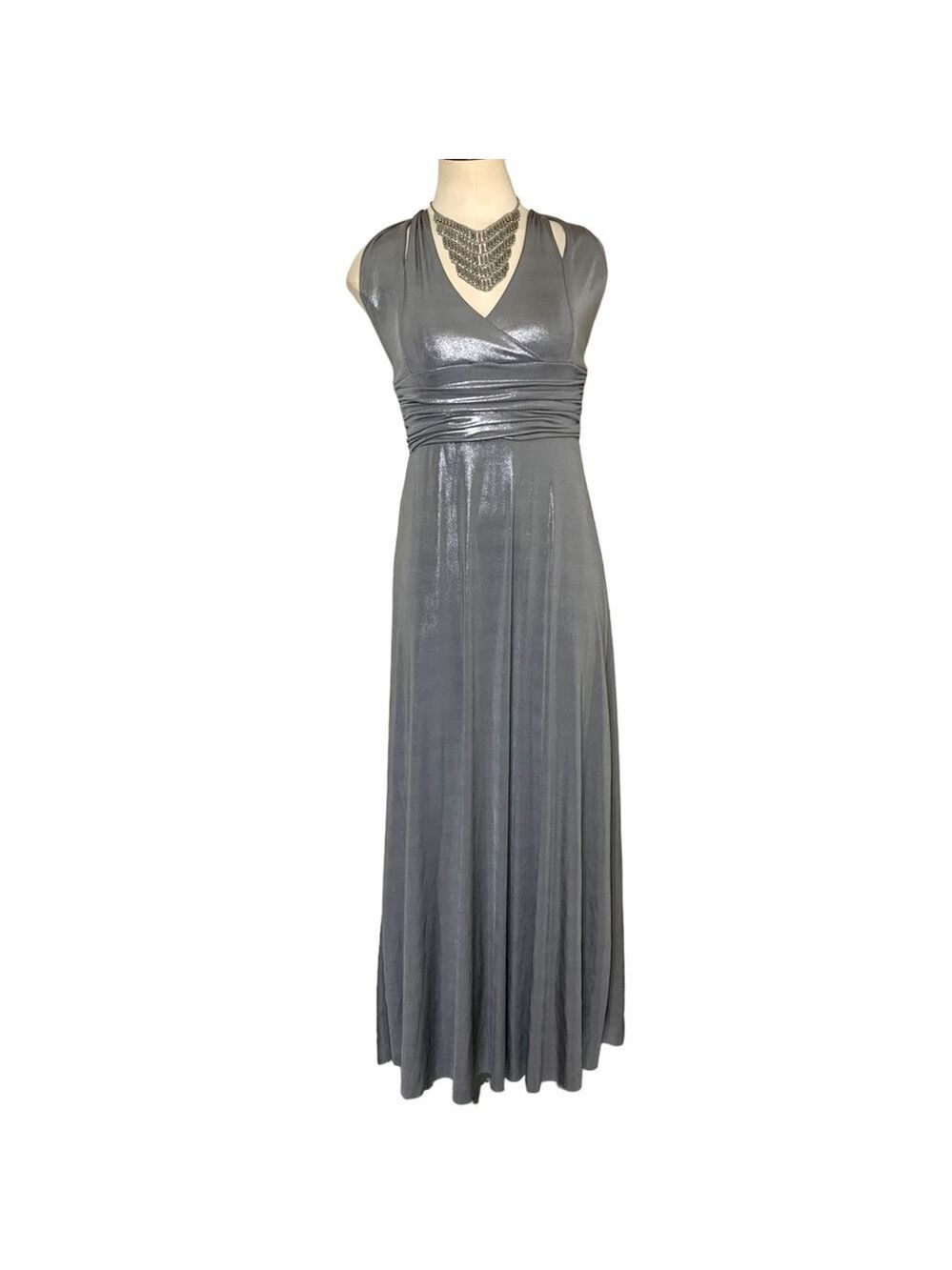 Vintage Halter Neck Maxi Dress XS/S Silver Gray Metallic Groovy Disco Gown